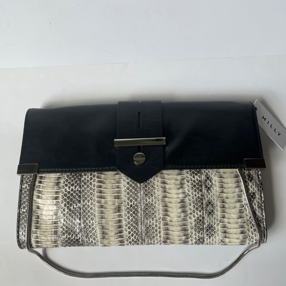 MILLY Mercer Snakeskin Black Leather Shoulder Chain Envelope Clutch - Picture 2 of 11
